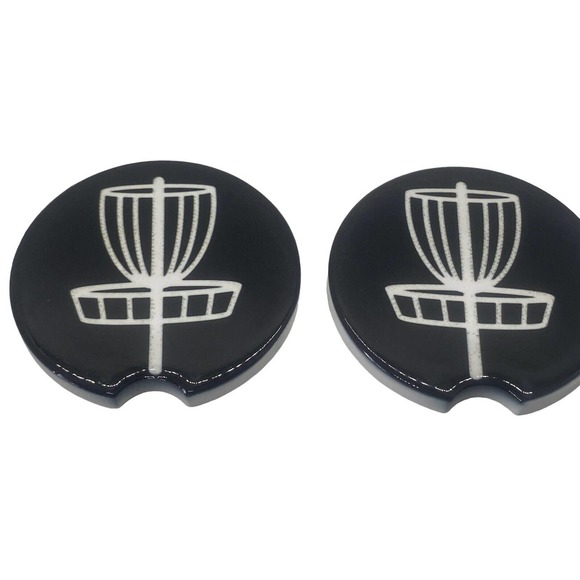 2 Pack DISC GOLF BASKET Car Drink Coasters Black White Ceramic Car Cup Holders - Picture 2 of 5